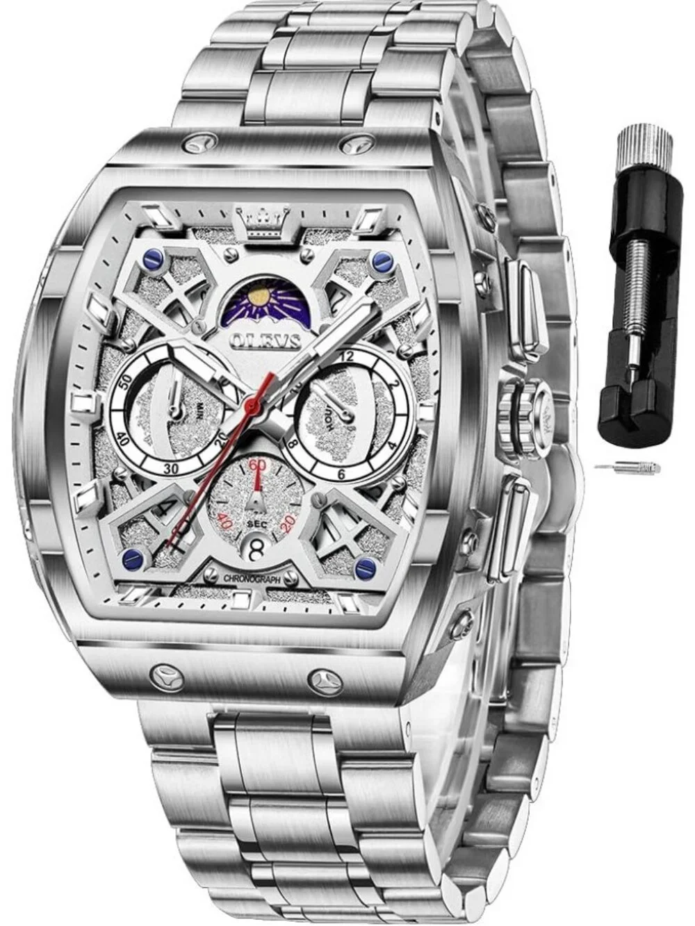 Men's Silver Chronograph Big Square Analog Stainless Steel Date Wrist Watch